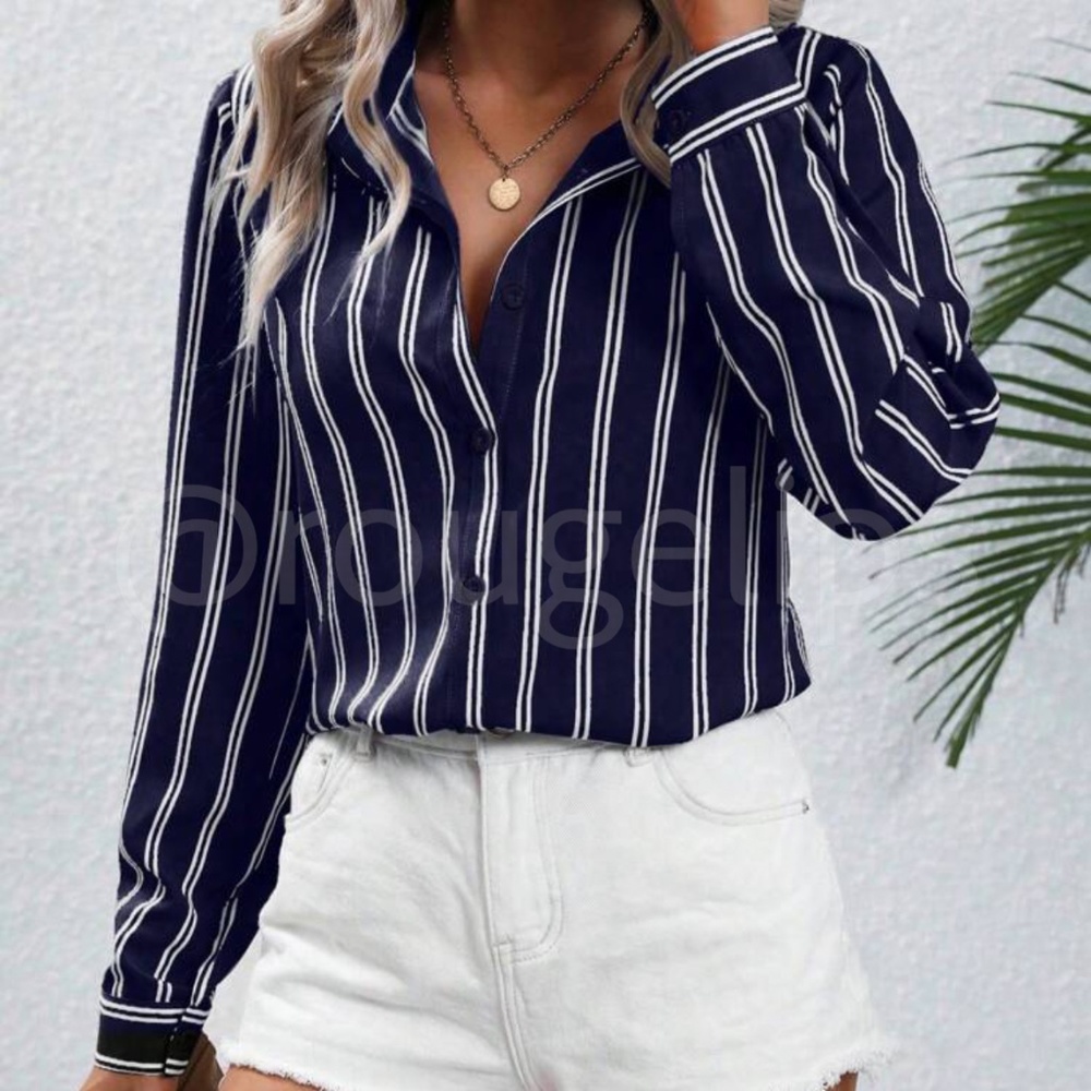Navy Blue White Striped Shirt Button Up / Down Long Sleeve, Collar - Picture 4 of 12